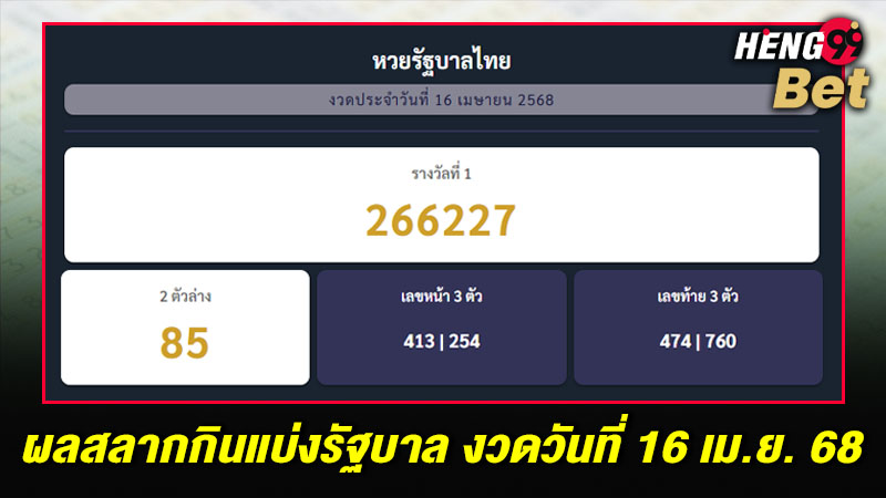 รูปภาพผลหวยงวดวันที่ 16/4/68ของ heng99